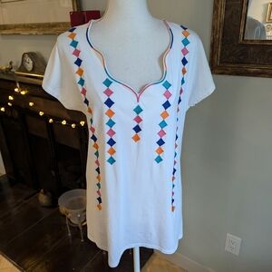 Soft Surroundings Medium Colorful Embroidery Byzantine Tee White ShortSleeve 112